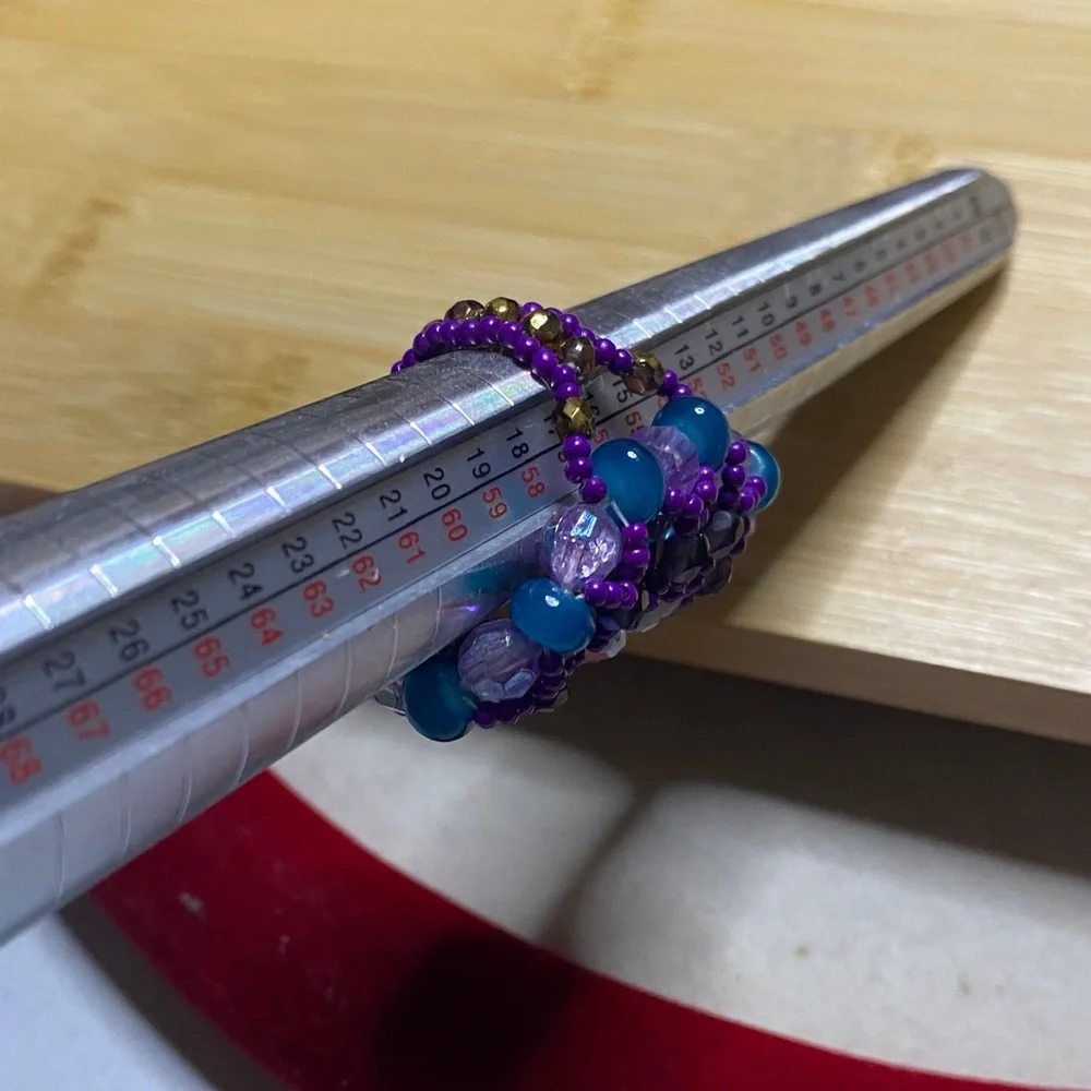 Purple and Blue Women's Beaded Ring Size 8